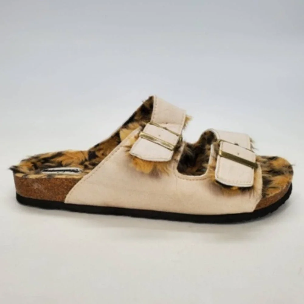 Vintage 93 Shoes Womens Cozi Slides Sandals Beige Leopard Faux Fur 9 M